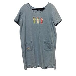 CB Casual Denim Shift Dress XL Blue Light Wash Embroidered Flip Flops Cotton